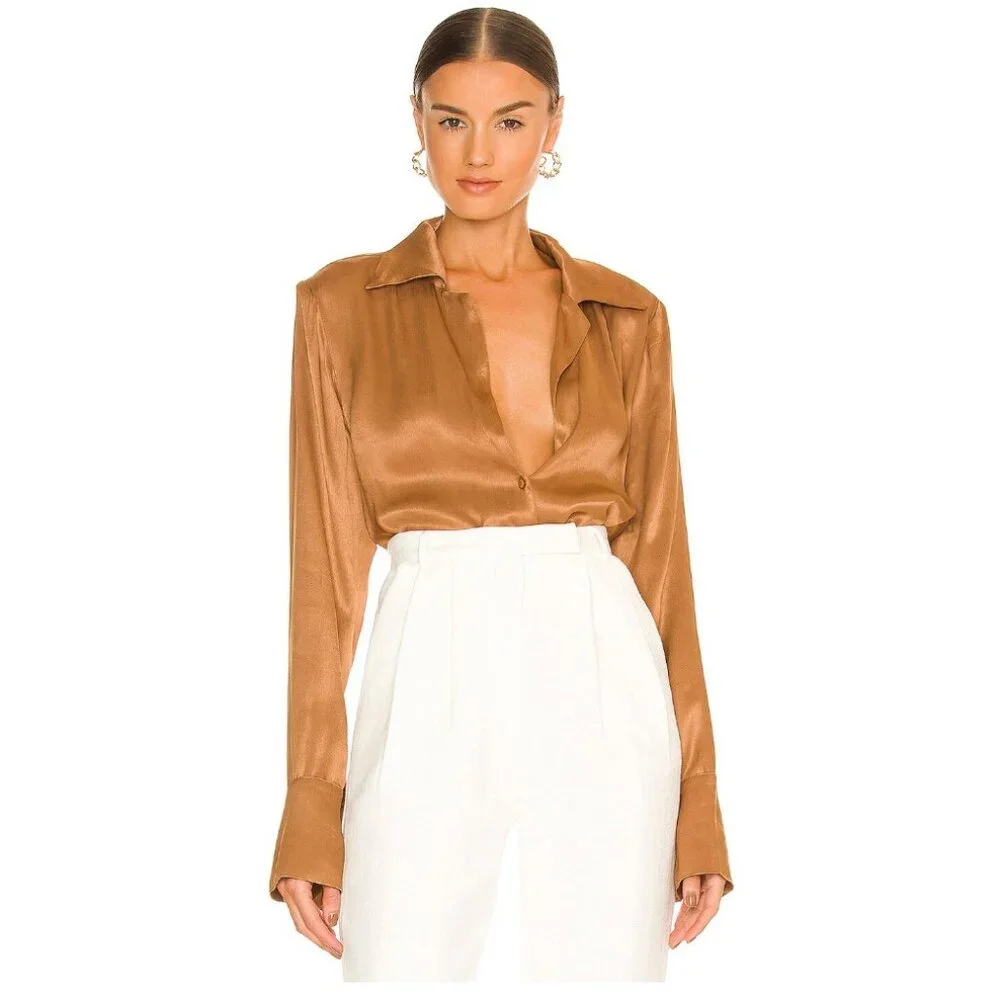 ATOIR “The Zodiac” Shirt NWT Size M/10 Tan Slinky Deep V-Neck Button Down